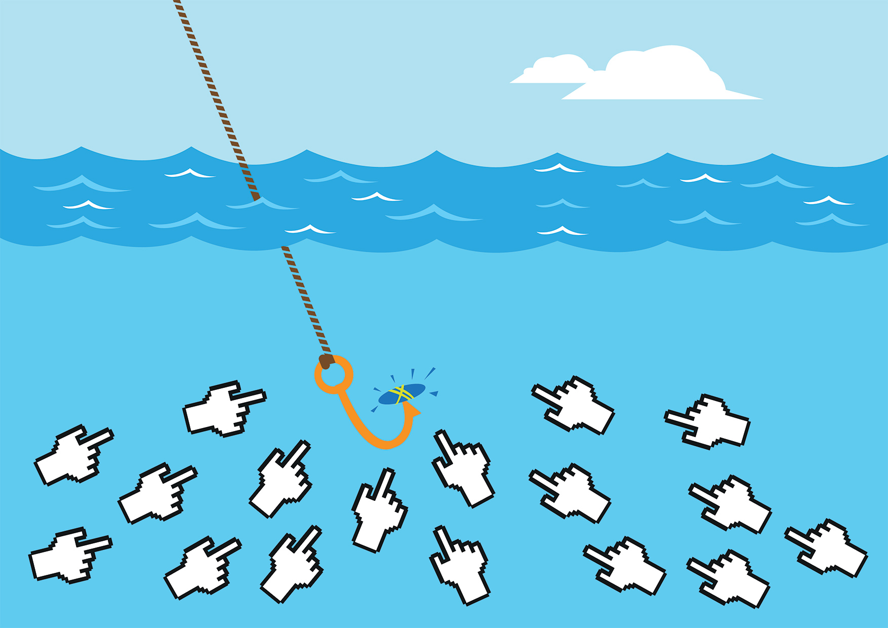 Depicting clickbait content. Fishing hook drawing mouse cursors.